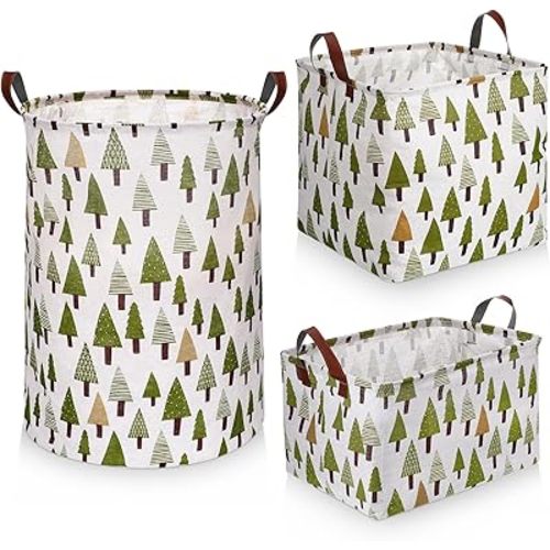 Zopeal 3 Size Large Round Rectangle Square Foldable Storage Box Set, Laundry Basket Organizer Toys Gift Basket Clothes Storage Box for Home, Office, Toy Storage, Home Decor (Green Forest)