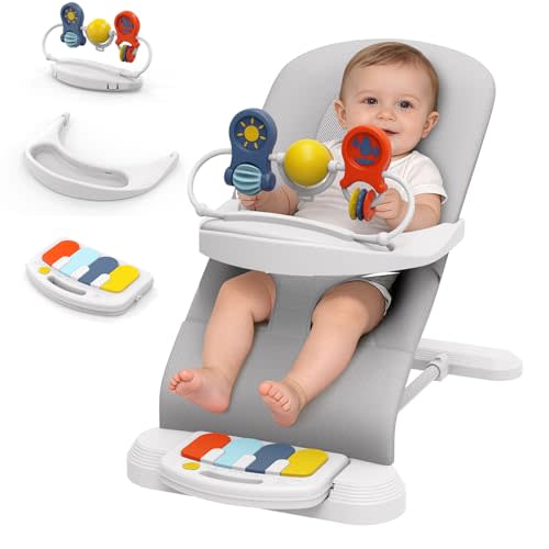 Baby Bouncer, 3-Speed Adjustable Height Baby Bouncer Seat, 4-in-1 Bouncer Seat for Babies 0-6 Months, Detachable Piano Pedals, Feeding Tray