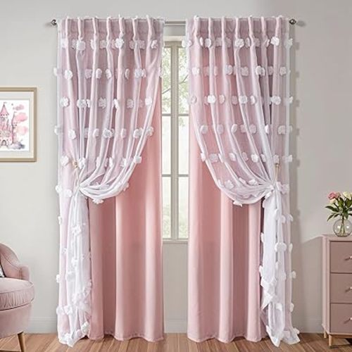 MYSKY HOME Pink Curtains for Girls Room 84 Inches Long Nursery Curtains Girl for Kids Room Double Layer White Pom Pom Sheer Living Room Darkening Window Drapes Back Tab, W52 X L84, 2 Pieces