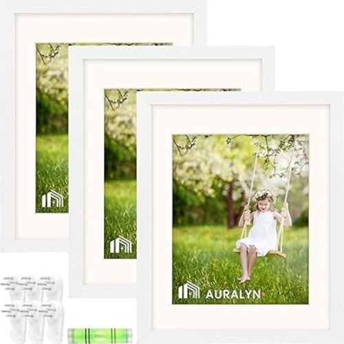 AURALYN Wall Frames 11x14 Picture Frame Set of 3 – Fits 8x10 with Mat or 11x14 Without Mat – Wood Grain, Easy to Hang, Finger-Friendly, Includes Hanging Kit (White Frames, 3 Pack)