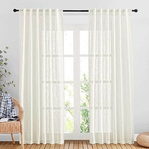 NICETOWN Linen Sheer Curtains and Drapes for Living Room, Rod Pocket & Back Tab Semitransparent with Light Through Vertical Window Treatments for Sliding Glass Door, Natural, W52 x L84, Set of 2