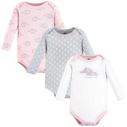 Hudson Baby Infant Girl Cotton Long-sleeve Bodysuits, Pink Gray Elephant 3-pack, 9-12 Months