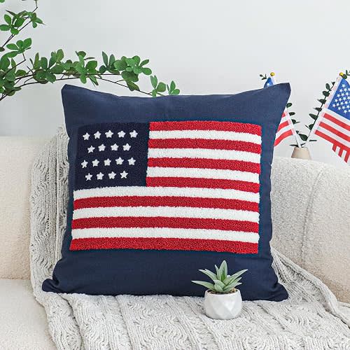 Jonhier 4th of July Throw Pillow Cover, Independence Day Patriotic Throw Pillow Case Tufted American Flag Pattern, Textured Cushion Cases Memorial Day Flag Day Decor for Sofa Bed (Blue, 18” x 18”)
