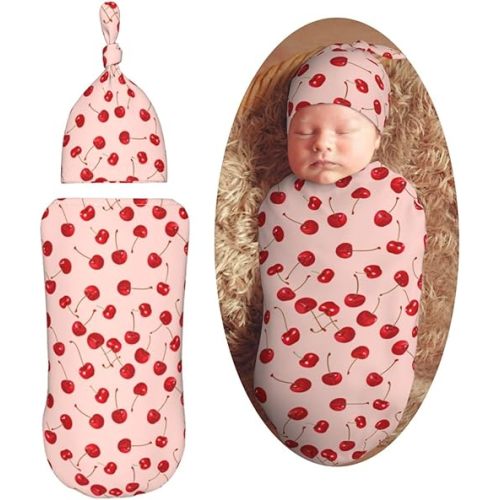 Red Cherrys Newborn Swaddle Blankets Hat Sets Soft Baby Receiving Blanket Swaddle Sack for Baby Shower Infant Boy Girl Gift