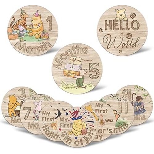 10 Pcs Winnie Baby Bear Month Milestone Circles, My First Holiday Milestone, Winnie Baby Months Wooden Signs with Storage Bag, Milestone Photo Cards, Perfect Newborn Gift & Keepsake