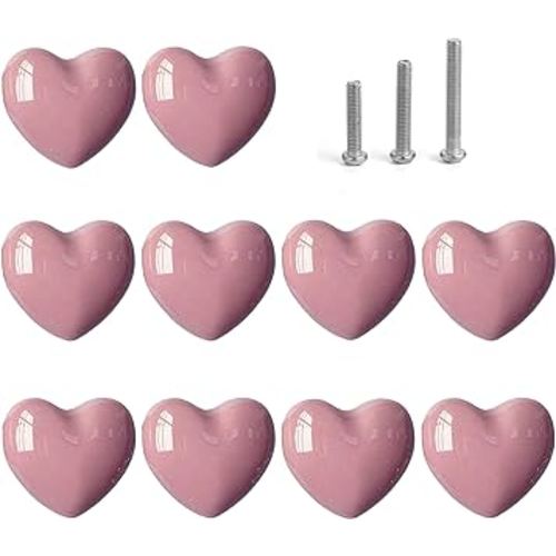 Ceramic Drawer Knobs Heart Shape Cabinet Dresser Pulls Handles with 3 Sized Screws, Kitchen Furniture Knobs for Closet Cupboard Wardrobe (10 Pack, Pink)