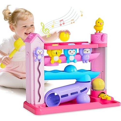 Toddler Musical Toys for 1+ Years Old Girls,Fine Motor Skills Developmental Baby Toy 12-18-24+ Months,Bilingual Toddler Learning Ball Drop Toy,Infant Birthday Gifts Toys for 1 2 Year Old Girl(Pink)