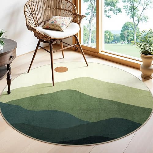 4ft Abstract Green Round Rug, Boho Mountain Circle Classroom Rugs