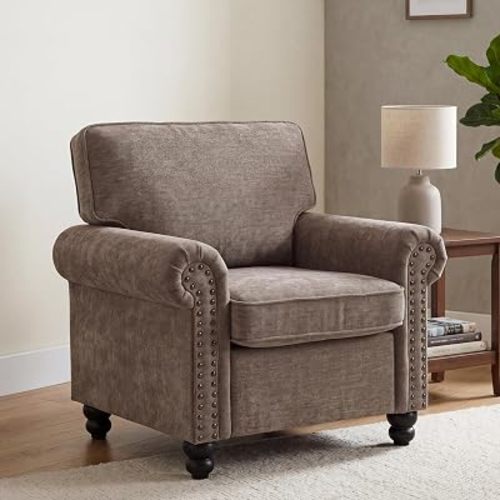 37" Rolled Arms Chair, Nailhead Armchair for Living Room, Single Sofa Chair Reading Armchair with Springs Seat Cushion & Wooden Legs, Mid-Century Accent Chair for Small Space, Farmhouse, Brown