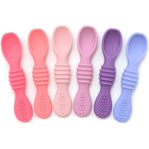 PrimaStella Silicone Chew Spoon Set for Babies and Toddlers - Safety Tested - BPA Free - Microwave, Dishwasher and Freezer Safe - Rosy Shades