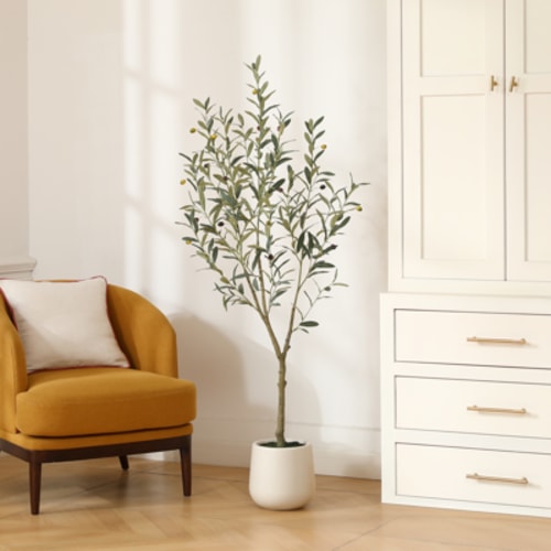 5ft Artificial Olive Tree in Ellipse White Pot, 1 Pack - Realistic Faux Plant for Indoor or Outdoor Decor, Low Maintenance.