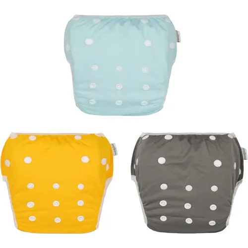 Babygoal Neutral Baby Swim Diapers 3 Pack for 0-8 Months Infant Girls and Boys, Reusable Adjustable Washable for Swimming Lessons-Blue,Yellow,Grey