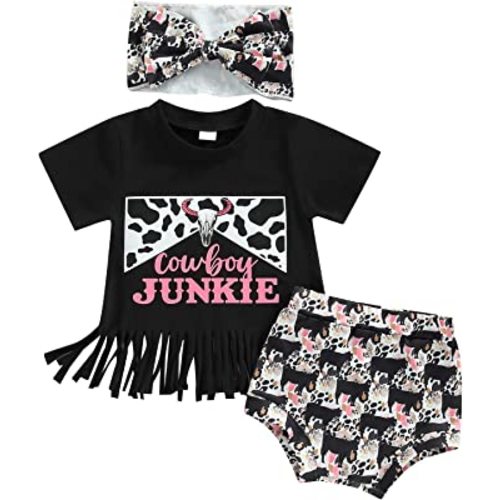 KOSUSANILL Western Baby Girl Clothes Letter Print Short Sleeve Top Shirt Cow Shorts with Headband 3PCS Summer Outfits
