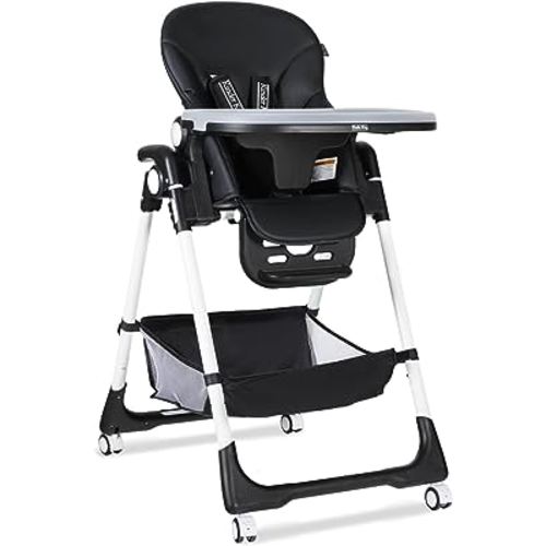 Kinder King High Chair for Babies & Toddlers, Simple Fold Highchair w/Large Storage Basket, Adjustable Height, Recline & Footrest, Detachable Double Trays, 4 Lockable Wheels, Easy to Clean, Black