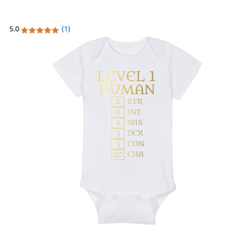 Gaming Baby Onesie - Level 1 Human with Ability Scores (3-6 Month - White Fabric - Gold Design)