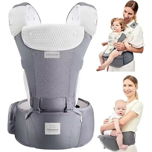 Bebamour Baby Carrier Newborn to Toddler-2 in 1 Hip Seat & Carrier Front and Back Carry with Head Hood & 3 Pieces Teething Pads& Waist Extenders & Storage Bag 0-36 Months (New Grey)