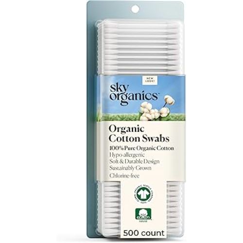 Sky Organics - Organic Cotton Swabs, 500 ct. - Ultra Soft Tips - Strong & Durable - Hypoallergenic - Chlorine Free - Sustainable - Natural, Vegan & Cruelty Free - Skin Care & Self Care