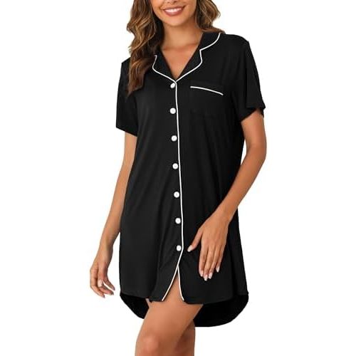 Women's Nightgown Short Sleeve Pajama Dress Soft Button Down Sleep Shirts Comfy Boyfriend Nightdress S-XXL