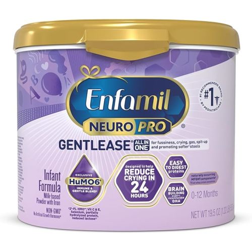 Enfamil NeuroPro Gentlease Baby Formula, Brain Building DHA, HuMO6 Immune Blend, Designed to Reduce Fussiness, Crying, Gas & Spit-up in 24 Hrs, has Prebiotics to Promote Softer Stools, Reusable Tub, 19.5 Oz