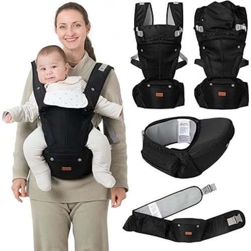 BabbleRoo 6-in-1 Baby Carrier with Hip Seat, Ergonomic, Cozy & Adjustable Toddler Carrier 7-50 lbs with Hip & Lumbar Support, Hood for Sun Protection, Baby Carrier Newborn to Toddler, Black