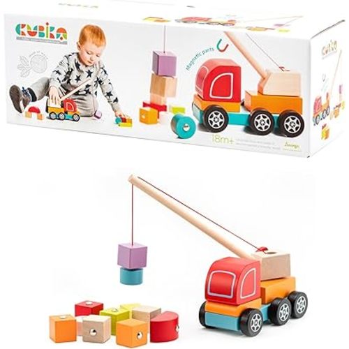 Wooden Crane Truck – Magnetic Construction Vehicle Playset for Toddlers Ages 18 Months+ – Montessori Toy for Fine Motor Skills, Creativity, and Imaginative Play