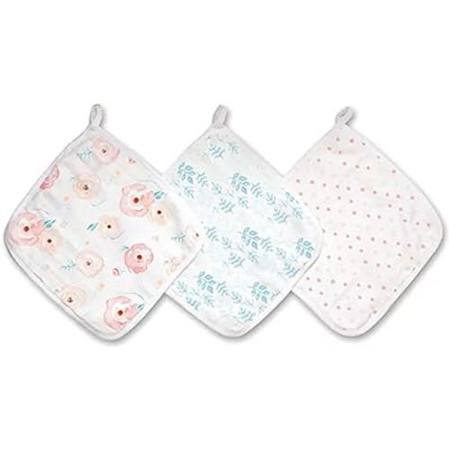 aden + anais Essentials Washcloth 3-Pack, Super Soft 100% Cotton Muslin, Gentle on Skin, 3 Absorbent 11x11 Layers, Softer with Every Use, Perfect for Babies, Infants, Toddlers, Full Bloom