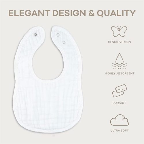 Comfy Cubs Muslin Bibs for Babies, Pack of 8 - Soft and Highly Absorbent, Feeding, Drool and Teething Bib, Adjustable Snaps - Stylish & Colorful Unisex Designs, Giftable Set - White