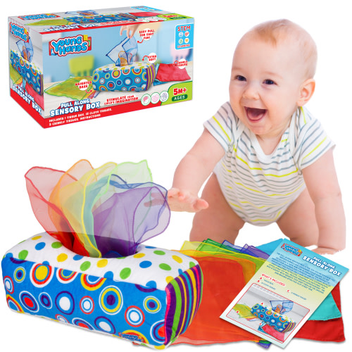 Creative Kids Sensory Pull Along Toddler Infant Baby Tissue Box - Colorful Juggling Rainbow Dance Scarves for Kids STEM Montessori Educational Manipulative Preschool Learning Toys – 5 Month 1-2-Year