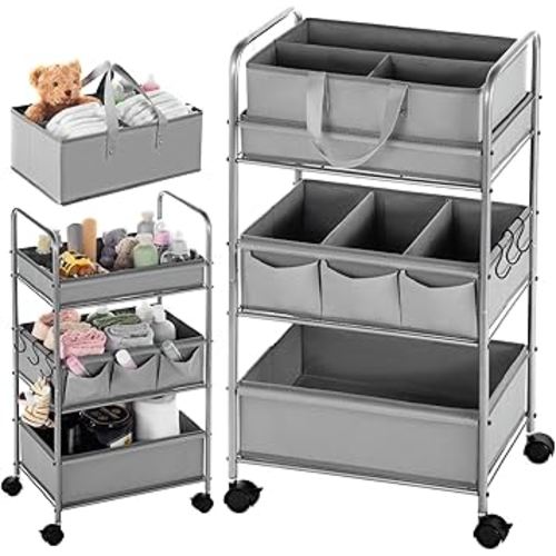 Honeydak 2in1 Baby Diaper Caddy Organizer Cart 3 Tier Large Capacity Metal Utility Bedside Rolling Cart with Divider for Newborn Nursery Essential Must Have for Crib Bedroom Baby Shower(Gray)