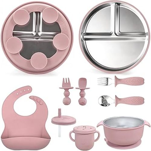 Silicone Baby Feeding Set, Baby Bowls with Suction, Toddler Tableware Set, 3 Compartment Stainless Steel Silicone Bowl & Utensils, Pink, 8 Pieces