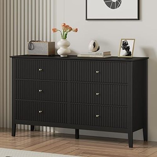 RoyalCraft Black 6 Drawer Dresser, Fluted Modern Wood Dresser, Double Chest of Drawers for Bedroom, TV Stand Storage Cabinet for Living Room