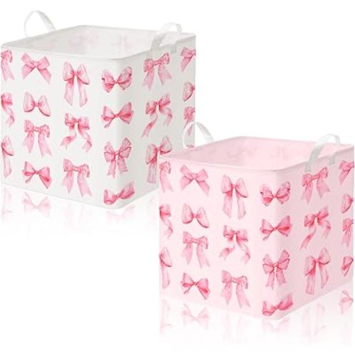 Geelin 2 Pcs Pink Bow Laundry Basket Rectangle Coquette Storage Basket Pink Canvas Nursery Hamper Foldable Waterproof Storage Bin Organizer with Handle for Bedroom Bathroom Dorm Clothes, 12.6inch