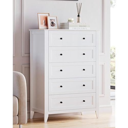 GarveeHome White 5 Chest of Drawer Dresser, Wood Storage Organizer Cabinet with Drawers for Bedroom, Tall Dresser Nightstand for Living Room, Entryway