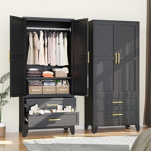Metal Armoire Wardrobe Closet, 71 "Metal Clothing Storage Cabinet with Adjustable Shelves and Hanging Rod, Household Steel Wardrobe Storage Cabinet with Drawers (Armoire-Black)