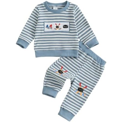 Baby Boy Hockey Outfit Long Sleeve Crew Neck Striped Hockey Embroidered Sweatshirt Pants Toddler Winter Clothes