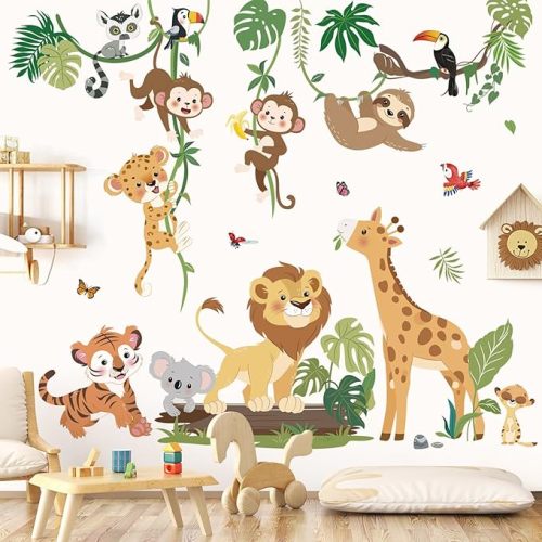 decalmile Jungle Animal on Swings Wall Stickers Safari Animal Elephant Giraffe Monkey Tropical Leaves Wall Decals Baby Nursery Kids Room Wall Decor