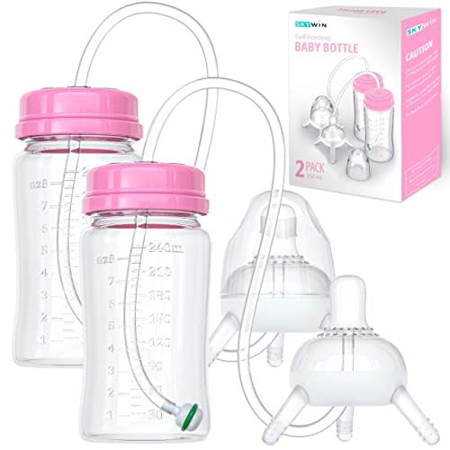 TidyFriend Self Feeding Baby Bottle 8oz Bottle Holder for Baby - 2 Pack Baby Bottle with Straw, Anti Colic, for Convenient Feeding (Pink)
