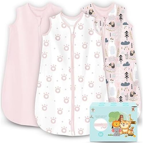 Cute Castle Baby Sleep Sack 6-12 Months - Lightweight 100% Cotton 2-Way Zipper TOG 0.5 Infant Wearable Blanket, Newborn Essentials Toddler Sleep Clothes, 3 Pack(Pink, Bear, Bear Claw)