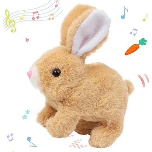 Hopearl Hopping Rabbit Interactive Electronic Pet Plush Bunny Toy with Sounds and Movements Animated Walking Wiggle Ears Twitch Nose Gift for Toddlers Birthday, White, 7''