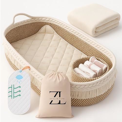 ZEAL'N LIFE Baby Changing Basket with Waterproof Pad, Diaper Caddy Organizer, Blanket & Cotton Bag, Portable Changing Table Topper for Dresser, Travel, Boho Nursery Decor, Changing Pad (Beige)
