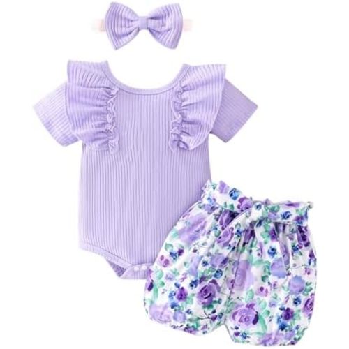 Baby Girl Clothes Newborn Cute Ruffle Short Sleeve Romper Floral Shorts Summer Outfits with Headband 0-18 Months