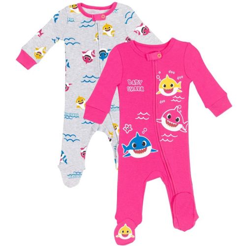 Pinkfong Baby Shark Newborn Baby Girls 2 Pack Zip Up Sleep N' Play Coveralls Pink / Gray 0-3 Months