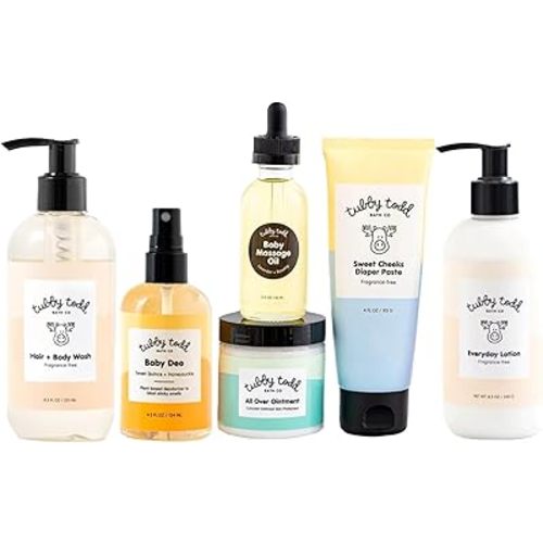 TUBBY TODD Baby Arrival Bath & Skincare Set - The Newborn Gift Set - Baby Shampoo & Body Wash, Lotion 8oz, All Over Ointment, Diaper Paste 4oz, Baby Massage Oil 2oz, Baby Deo 4.2oz - Fragrance-Free