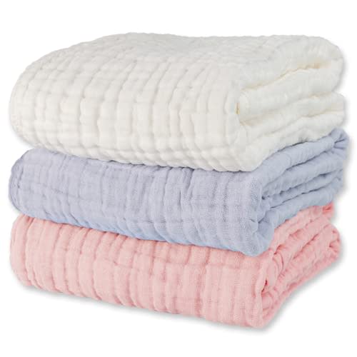 WinReal Muslin Baby Bath Towels Set 3 Pack Ultra Soft and Absorbent Baby Towels Infant Toddler Blanket Towel 6-Layer Natural Cotton Towel Suitable for Girl Boy 40x40 inches (White&Pink&Grey)