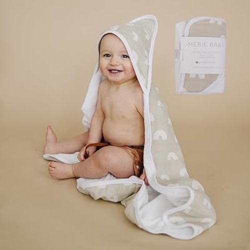 Mebie Baby Muslin Hooded Towel, Sand Rainbow, Cute Hooded Baby Bath Towel for Newborn, Infant & Toddler, Modern Baby Towels and Washcloths for Boy & Girl, Floral & Pattern Hooded Baby Towels