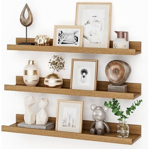 24 Inch Picture Ledge Shelf with Lip,Floating Shelves for Wall Set of 3,Wall Shelves in Varying Depths for Living Room,Bedroom,Nursery,Bookshelf - Natural Oak