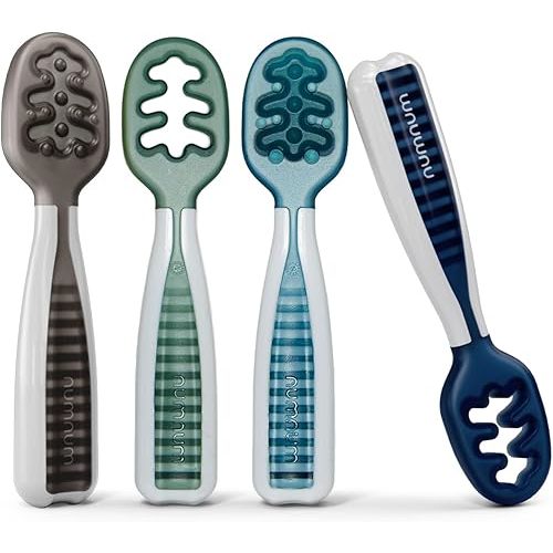 NumNum Baby Spoons Set, Baby Essentials Pre-Spoon GOOtensils for 6+ Months, First Stage Self-Feeding Spoons for Baby Led Weaning (BLW), Silicone Toddler Utensils, BPA-Free, 4 Pack Beach Picnic