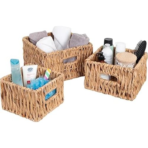 Set of 3 Square Wicker Baskets With Built in Handles, Multipurpose Storage Bins, Natural