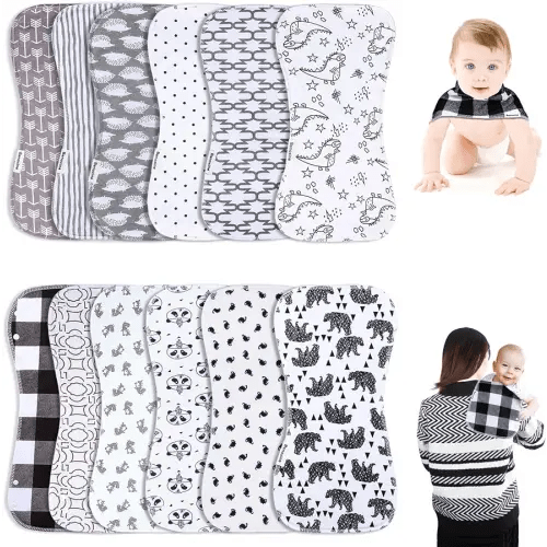 Baby Burp Cloths & Baby Bibs 2-in-1 Design Large Size 3 Layers Thicken 100% Cotton Super Absorbent and Soft Baby Spit Up Burping Rags Baby Burp Cloth Set for Boys and Girls 12 Pack