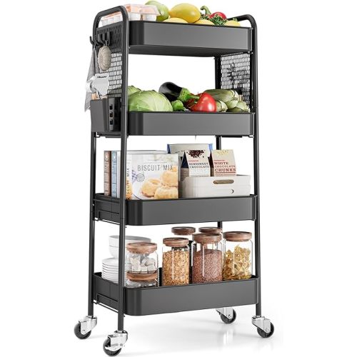 TOOLF 4 Tier Rolling Cart with Pegboard, Metal Storage Organizer Cart with Wheels, Hooks & Bins Esthetician Craft Art Sturdy Storage for Bathroom, Kitchen, Office, Nursery Diaper